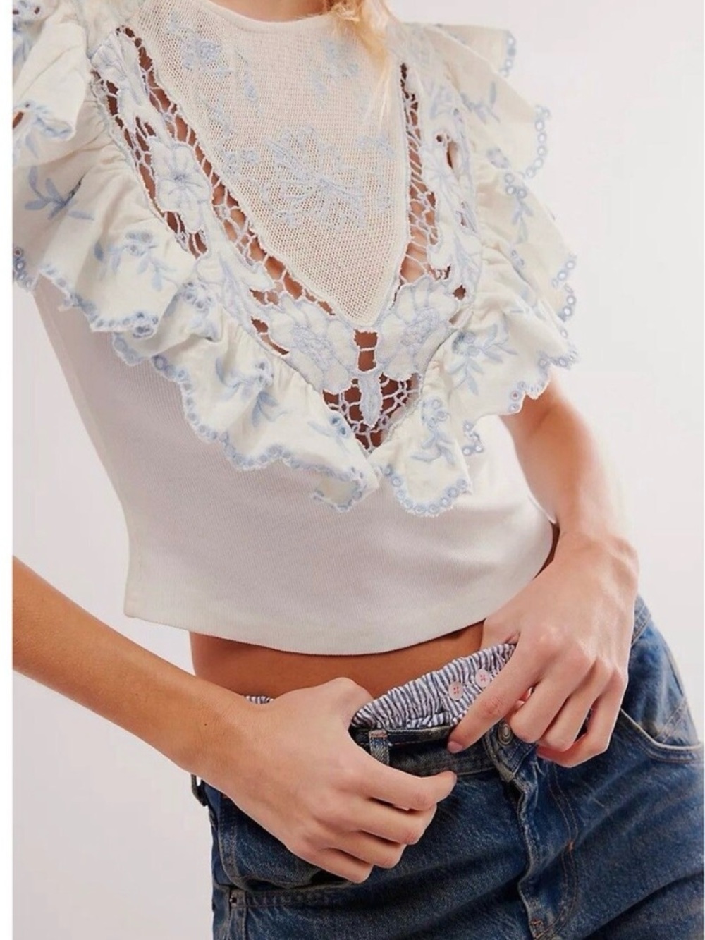 Free People Violet Ruffle Top in Ivory with Light Blue Embroidered Ruffle